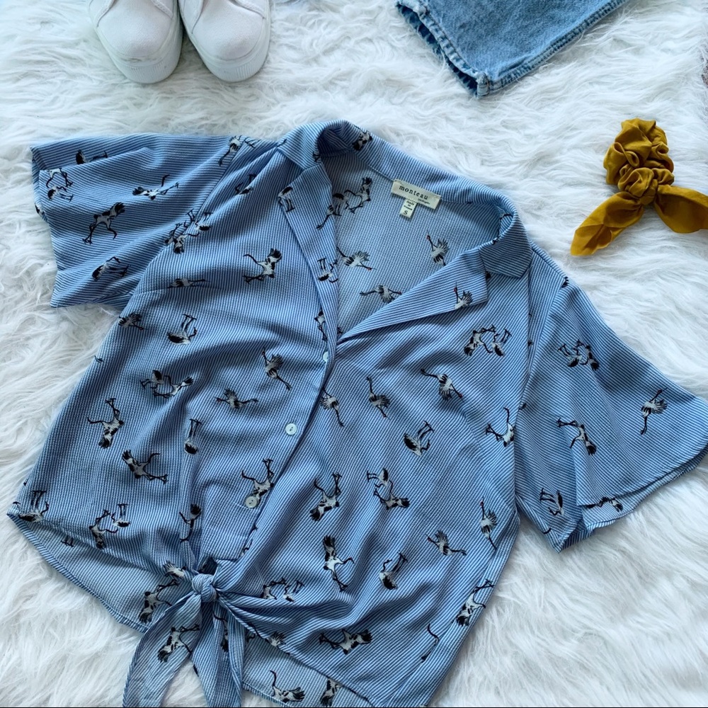 Monteau Striped Crane Print Blouse